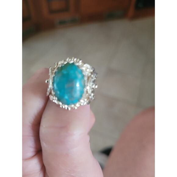 Turquoise and 925 Silver Stamped Ring Artisian Design Size 7 - Picture 2 of 5